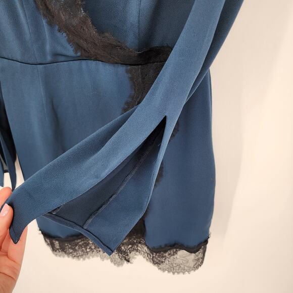 Keepsake The Label Mini Dress M Satin Lace Trim Long Flare Sleeve Blue Black - Picture 14 of 15